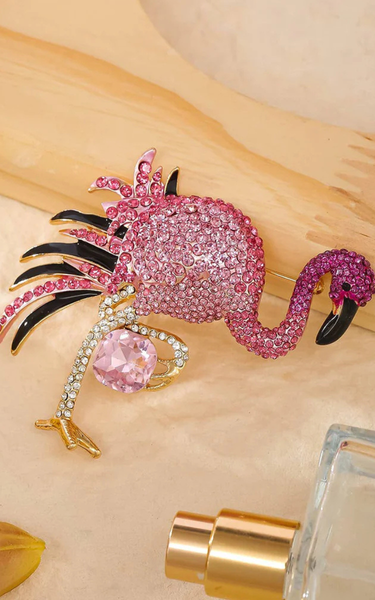 Crystal Flamingo Brooch in Hot Pink
