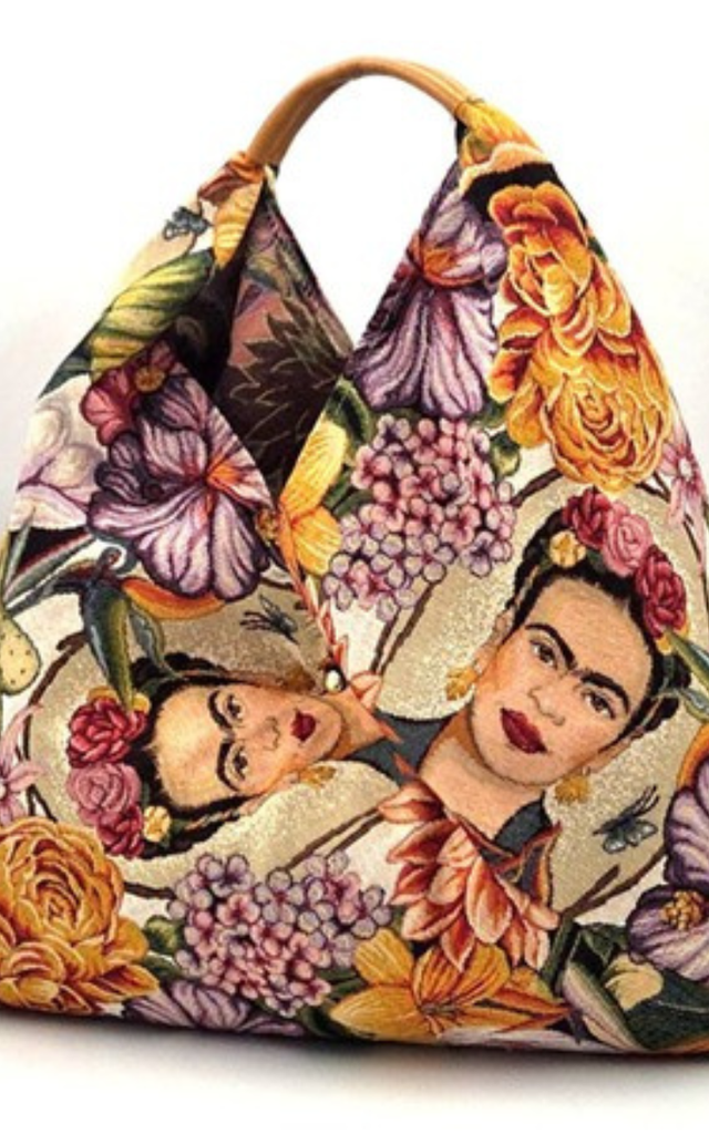 Large Frida Kahlo motif tapestry style bag with leather handle