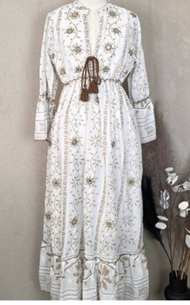 Long boho dress with sleeves, tie, Indian style print and sequin detail