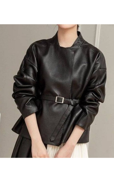 Black Chic Belted Faux Buttonless Leather Kimono Jacket