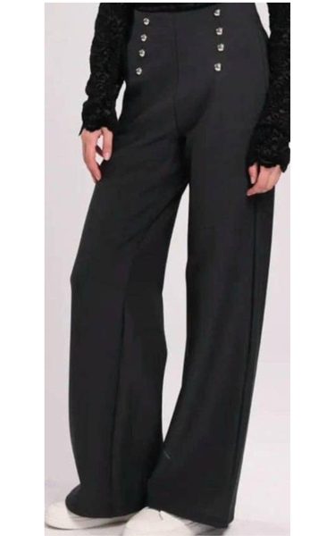 Silver Button Wide Leg Scuba Cotton Bi Stretch Trousers