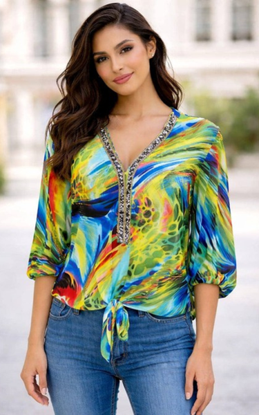 Printed V Diamante Trim Tie Slinky Blouse