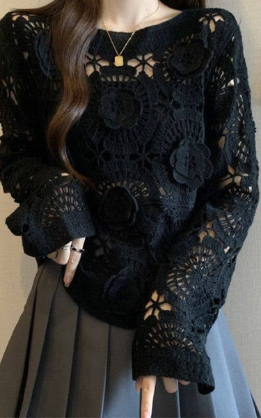3D Rosette Detail Long Sleeve Knit Lace Top