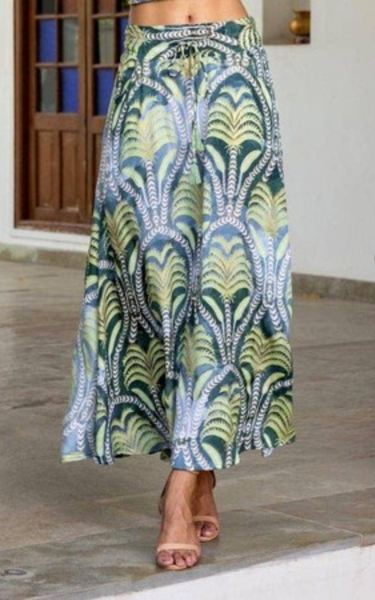 Green Palm Print Maxi Skirt | Boho Resort Skirt with Pockets